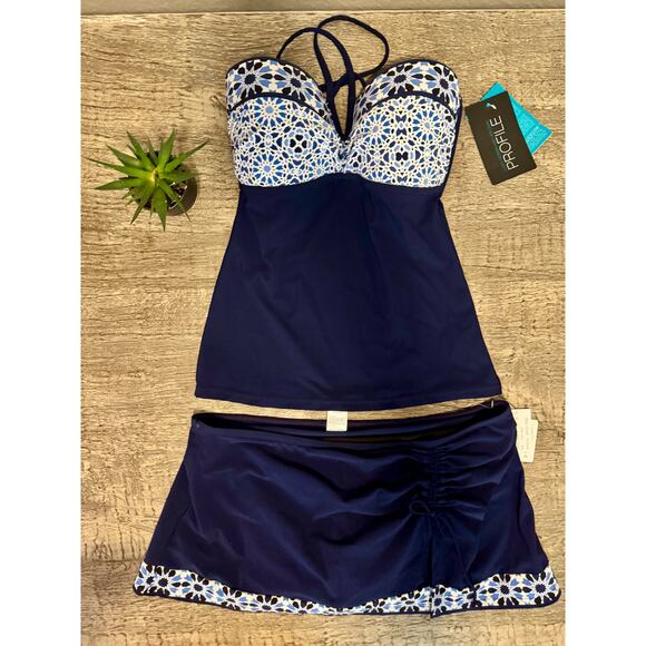 Gottex Blue Mosaic Tankini Swimdress Skirt Set Sz 8Retro Chic Modest Swimsuit